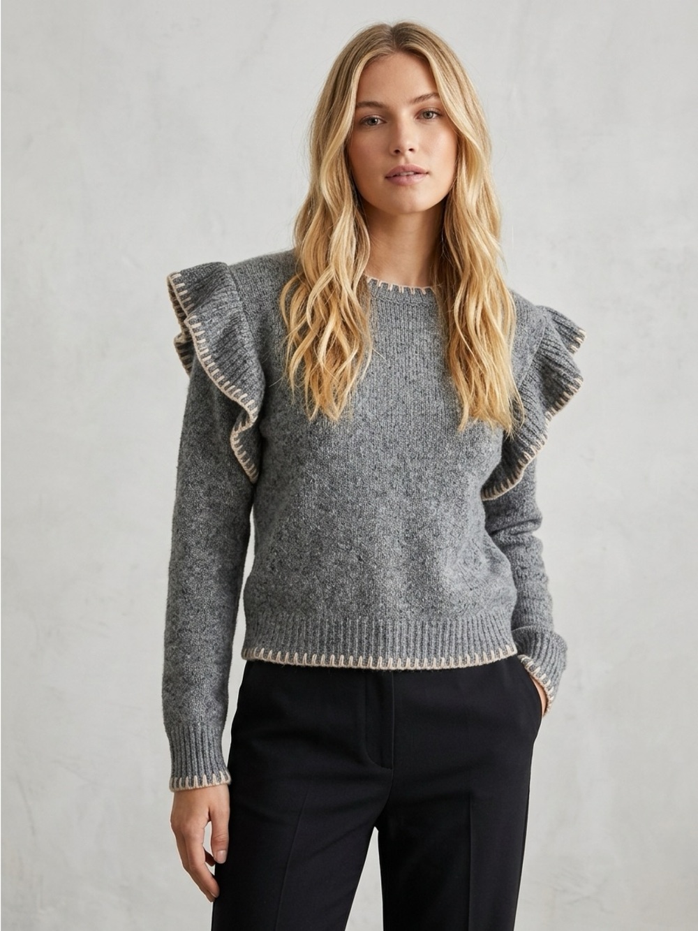 Autumn Cashmere Pullover Sweater Gray 100% Cashmere Ruffle Whipstitch Size Large